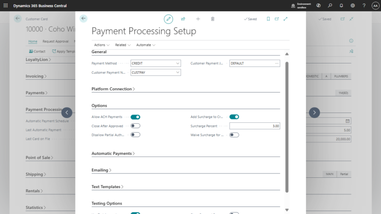 Payment processing setup interface displayed