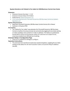 System Solutions LLC Default to Tax Liable for D365 Business Central User Guide pdf