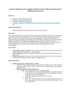 System Solutions LLC Length and Sheet Tally for D365 Business Centra User Guide pdf