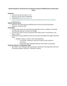 System Solutions LLC Serial and Lot Number Prompt for D365 Business Central User Guide pdf