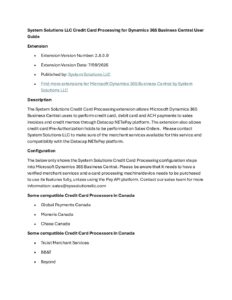 System Solutions LLC Credit Card and ACH for D365 Business Central User Guide pdf